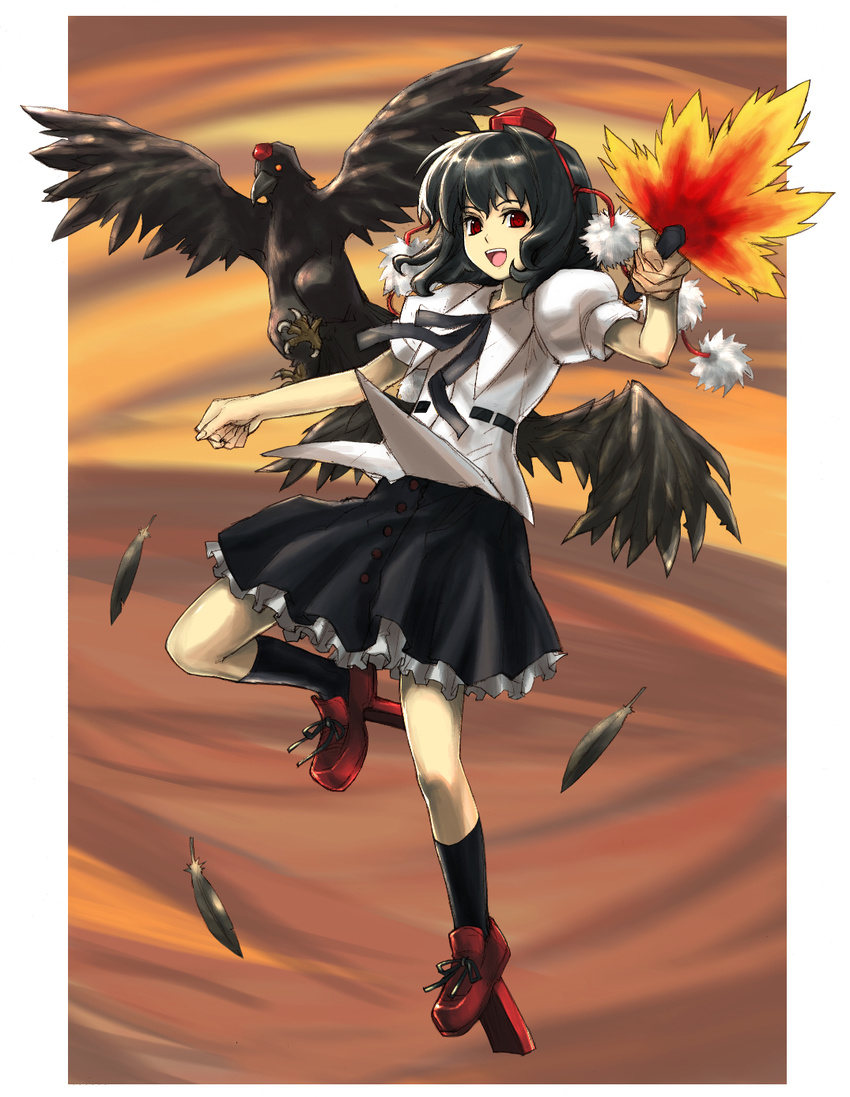 bangs bird black_hair black_wings crow fang flying geta graphite_(medium) hat highres looking_at_viewer mixed_media open_mouth shameimaru_aya shirt short_hair skirt smile solo tengu-geta tetsu_(kimuchi) tokin_hat touhou traditional_media wings