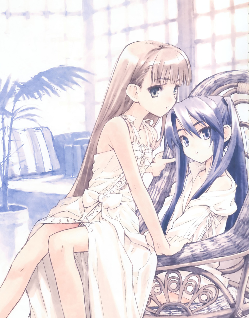 absurdres arm_support armchair bangs bare_shoulders blue_eyes blue_hair bow brown_hair chair copyright_request dress flat_chest hair_over_shoulder highres indoors konoe_ototsugu long_dress long_hair long_sleeves looking_at_viewer multiple_girls off_shoulder parted_lips partially_unbuttoned pillow plant potted_plant sitting sitting_sideways sleeveless sleeveless_dress straight_hair striped twintails very_long_hair white_bow white_dress window