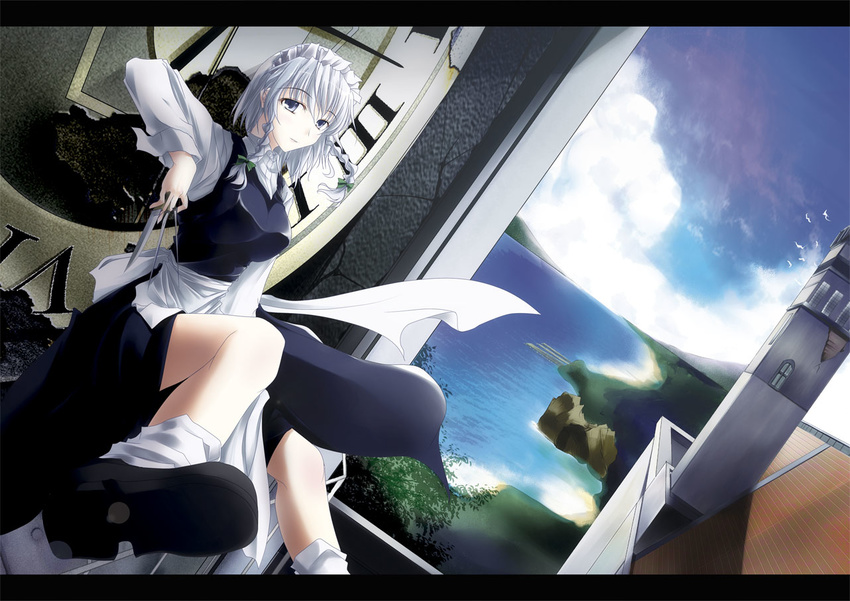 analog_clock bad_id bad_pixiv_id between_fingers bird blue_eyes bow clock clock_tower dutch_angle gisyo hair_bow izayoi_sakuya knife lavender_eyes lens_flare letterboxed light_smile looking_at_viewer maid maid_headdress roman_numerals short_hair sitting solo touhou tower wallpaper water white_hair