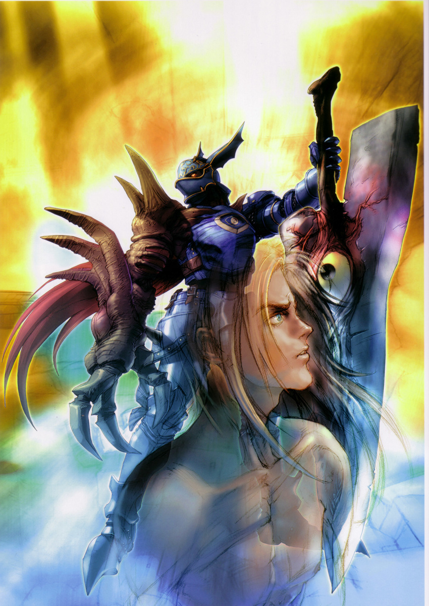 absurdres armor eyeball highres kawano_takuji male_focus multiple_boys nightmare_(soulcalibur) shirtless siegfried_schtauffen soul_edge_(weapon) soulcalibur sword weapon