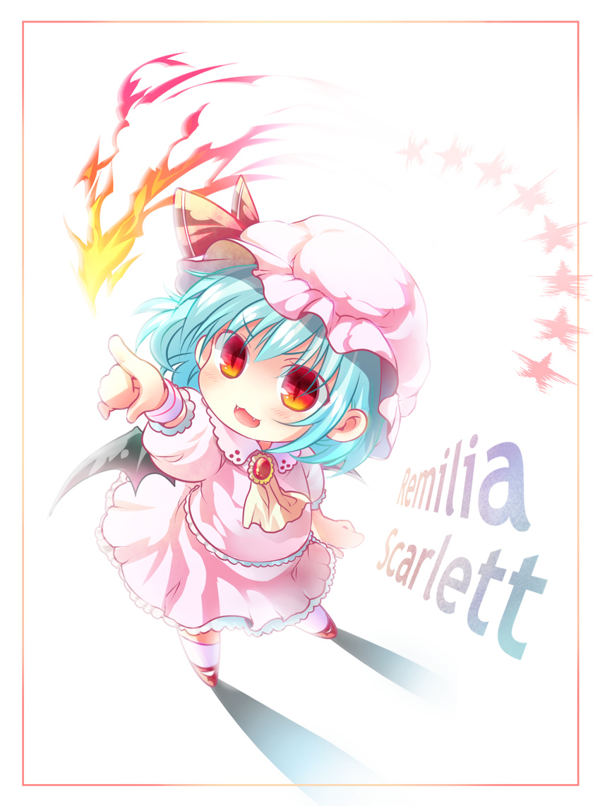 :3 aqua_hair arm_up ascot bat_wings blush brooch chibi fang fangs fire flame frame hat hat_ribbon highres jewelry maryquant open_mouth pink_legwear pointing pointing_up puffy_sleeves red_eyes remilia_scarlet ribbon shirt short_hair skirt skirt_set smile solo star touhou wings