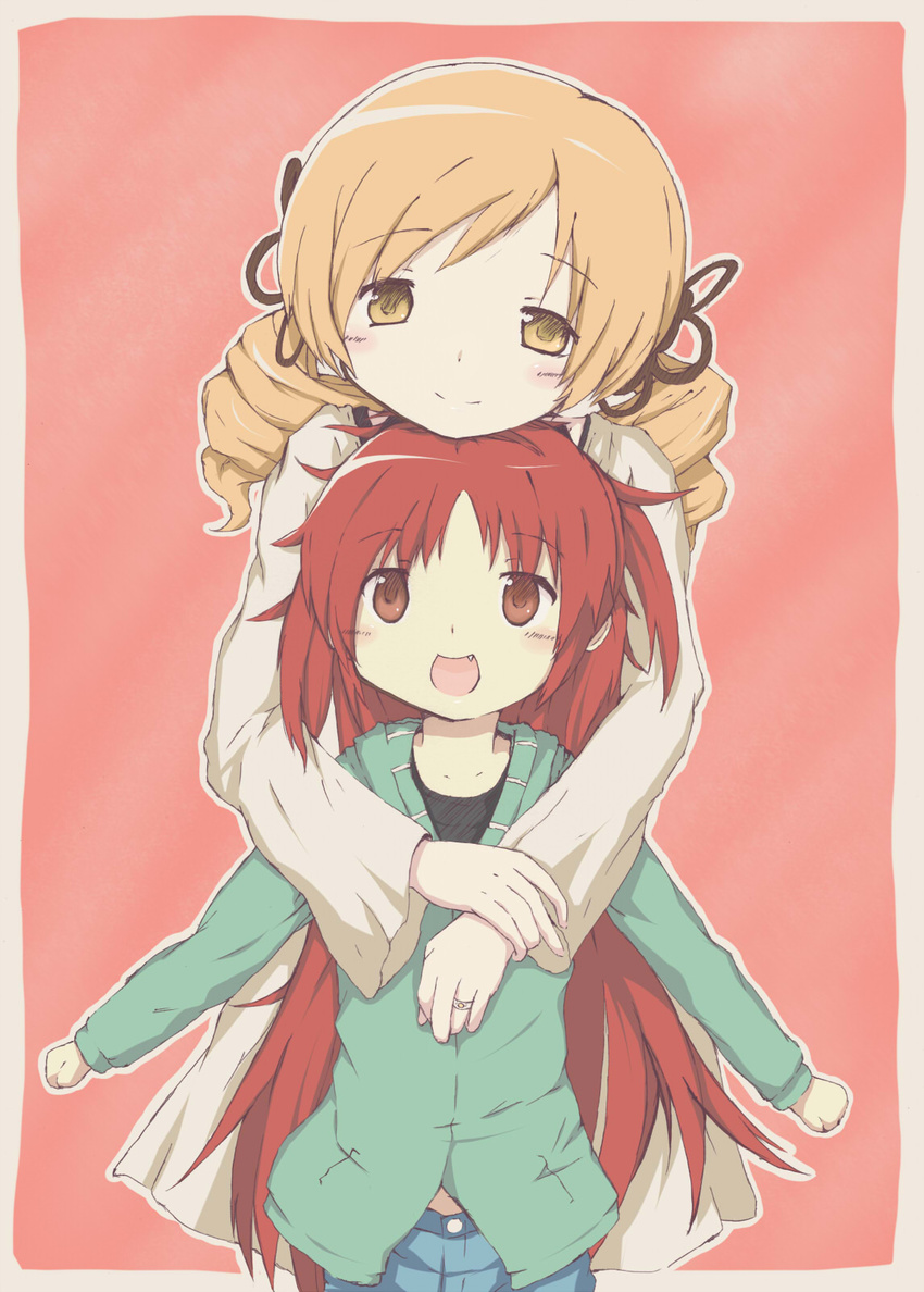 akisaka_yamoka arms_around_neck blonde_hair border bow casual chin_on_head chin_rest drill_hair fang hair_bow hair_ornament highres hood hoodie jacket jewelry long_hair looking_up mahou_shoujo_madoka_magica multiple_girls open_mouth pink_background ponytail red_eyes red_hair ring sakura_kyouko smile tomoe_mami twin_drills twintails wide_ponytail yellow_eyes