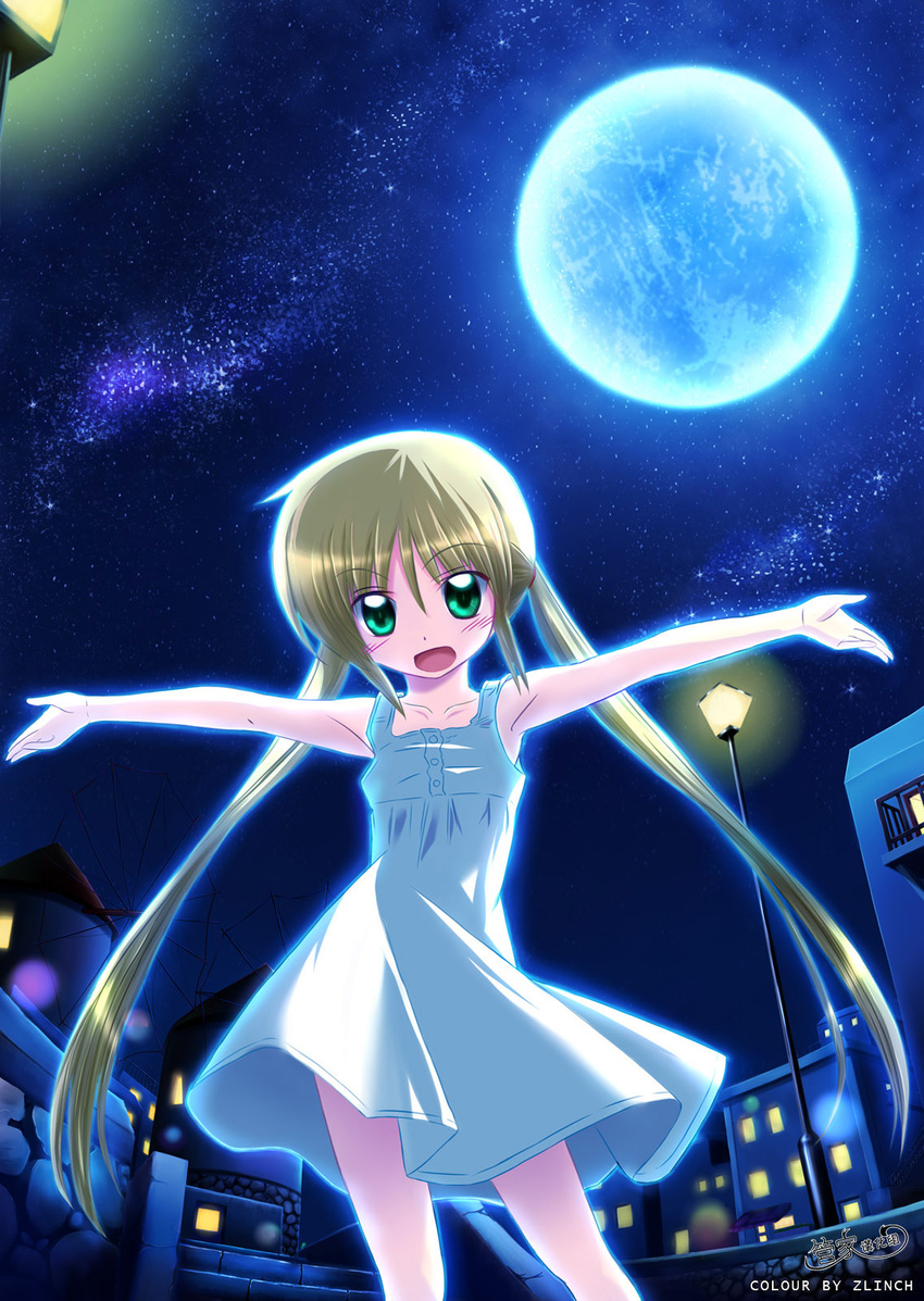 blonde_hair galaxy green_eyes hayate_no_gotoku! highres long_hair moon night sanzen'in_nagi sanzenin_nagi smile twintails