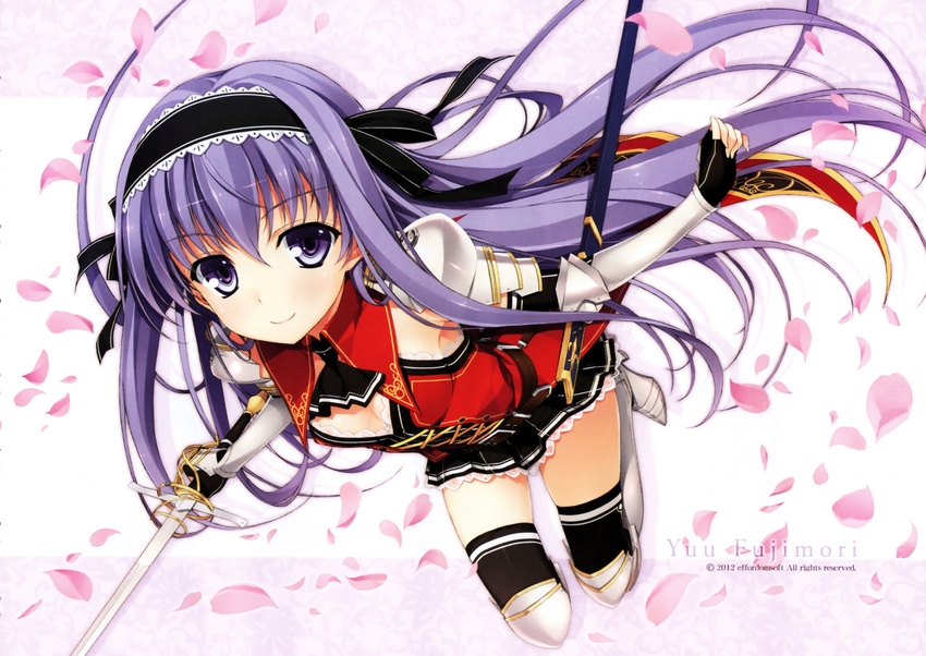 absurdres armor ascot black_legwear blush boots breasts cherry_blossoms cleavage elbow_gloves fingerless_gloves fingernails fujimori_yuu gloves greaves hairband highres koikishi_purely_kiss lolita_hairband long_fingernails long_hair looking_at_viewer pauldrons petals purple_eyes purple_hair scan skindentation small_breasts smile solo sword thigh_boots thighhighs twintails uniform very_long_hair weapon yuuki_hagure zettai_ryouiki