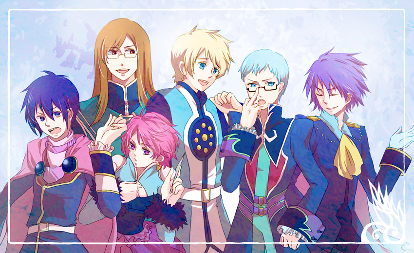 1girl 5boys belt black_hair blonde_hair blue_eyes blue_hair breasts brown_hair cape cleavage eyes_closed flynn_scifo frills glasses gloves harold_berselius hubert_ozwell jade_curtiss leon_magnus long_hair multiple_boys open_mouth pink_hair purple_eyes purple_hair red_eyes saleh short_hair tales_of_(series) tales_of_destiny tales_of_destiny_2 tales_of_graces tales_of_rebirth tales_of_the_abyss tales_of_vesperia