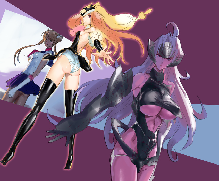 ass bishoujo_senshi_sailor_moon blonde_hair blue_eyes blue_hair bow breasts green_eyes large_breasts legs light_smile long_legs looking_back makacoon mawaru_penguindrum multiple_girls princess_of_the_crystal purple_eyes red_bow sailor_moon sailor_senshi_uniform t-elos takakura_himari tsukino_usagi underboob xenosaga