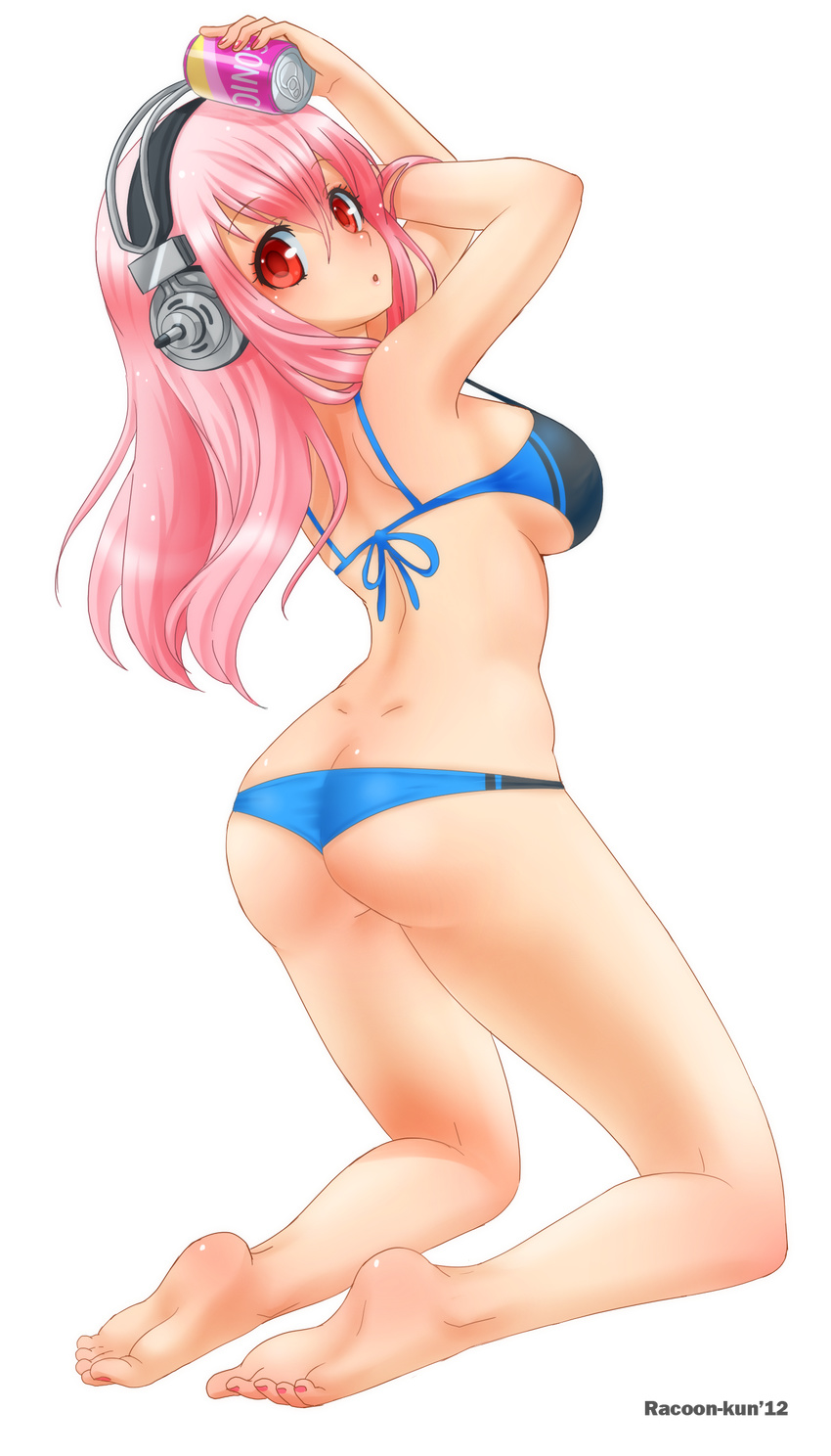 :o absurdres arms_up ass barefoot bikini blush breasts butt_crack can feet full_body headphones highres large_breasts long_hair looking_at_viewer looking_back nail_polish nitroplus open_mouth pink_hair racoon-kun red_eyes shiny shiny_skin skindentation solo strap_gap super_sonico swimsuit toenail_polish transparent_background