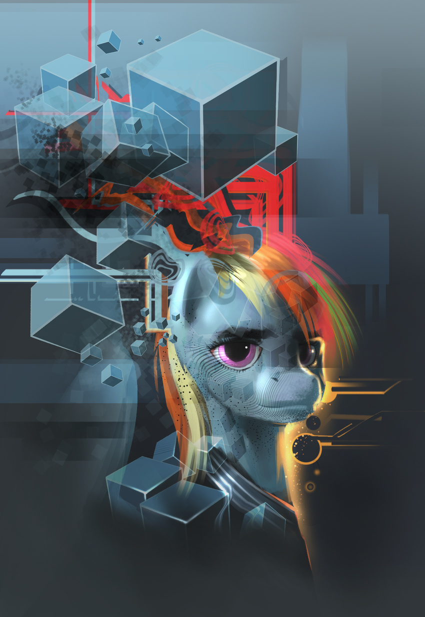 clothing cube equine female friendship_is_magic grey_background hair hi_res horse inspired_by_proper_art mammal multi-colored_hair my_little_pony plain_background pony purple_eyes rainbow_dash_(mlp) rainbow_hair shirt simple_background solo