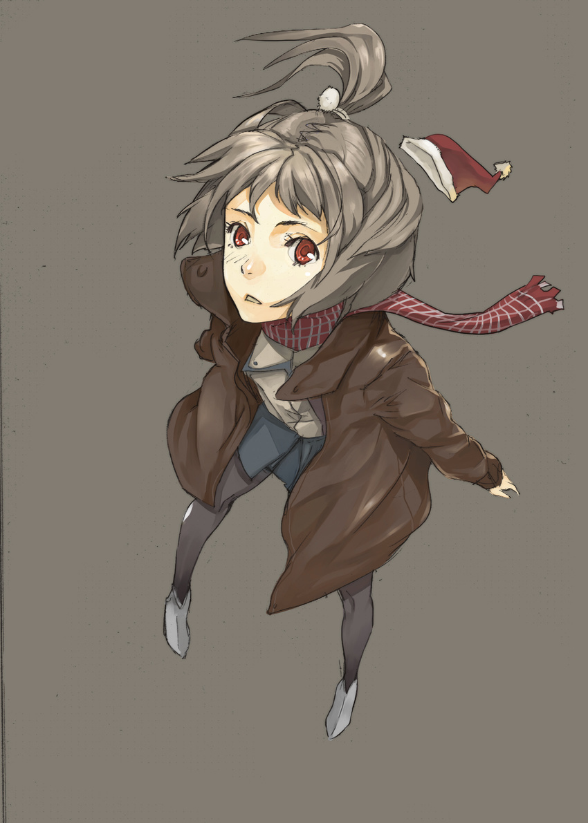 coat from_above grey_hair hat highres jacket laio original pantyhose ponytail red_eyes santa_hat scarf skirt solo