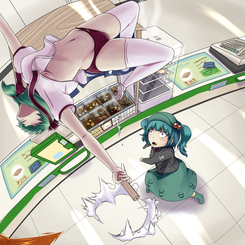 alternate_costume bad_perspective blue_hair buruma cash_register chikuwa contemporary convenience_store food front_ponytail green_hair groin gym_uniform hat highres indoors jumping kagiyama_hina kamaboko_bijin kawashiro_nitori m-1_grand_prix multiple_girls navel o_o shop thighhighs touhou two_side_up white_legwear