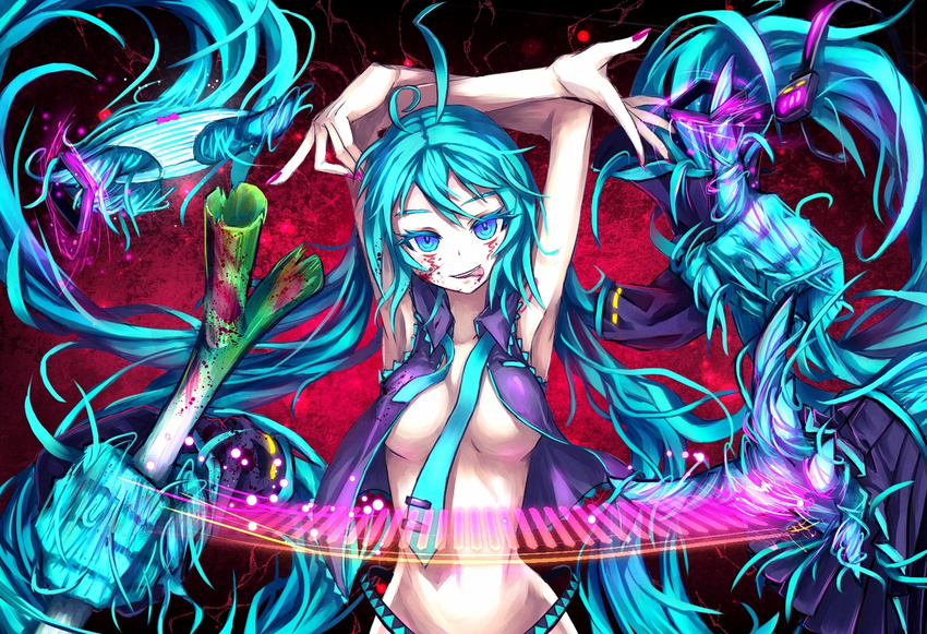 aqua_eyes aqua_hair armpits arms_up blood hatsune_miku headset long_hair necktie open_clothes open_shirt panties prehensile_hair samael_(5211) shirt solo spring_onion striped striped_panties tongue twintails underwear very_long_hair vocaloid