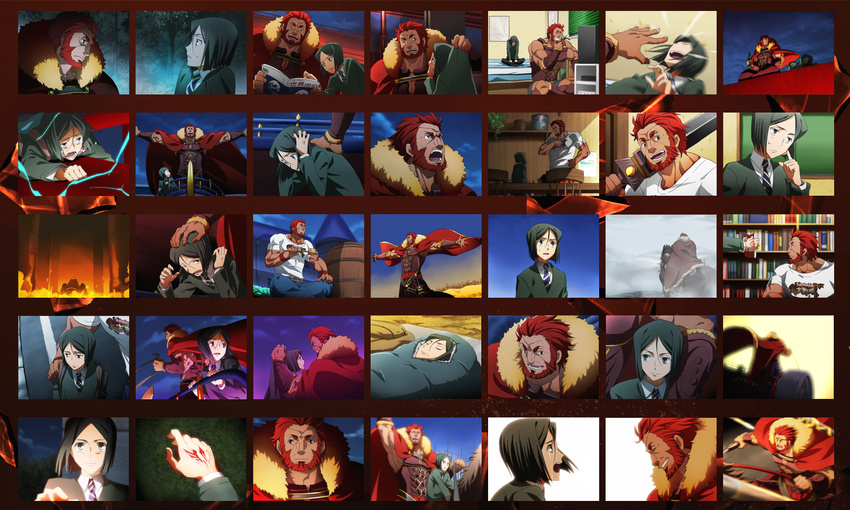 armor barrel beard black_eyes black_hair bob_cut book bucephalus cape chariot closed_eyes command_spell facial_hair fate/zero fate_(series) fire gordius_wheel grin highres horse ionioi_hetairoi male_focus multiple_boys necktie outstretched_arms polearm red_eyes red_hair rider_(fate/zero) smile sword tears television waver_velvet weapon yun_(neo)