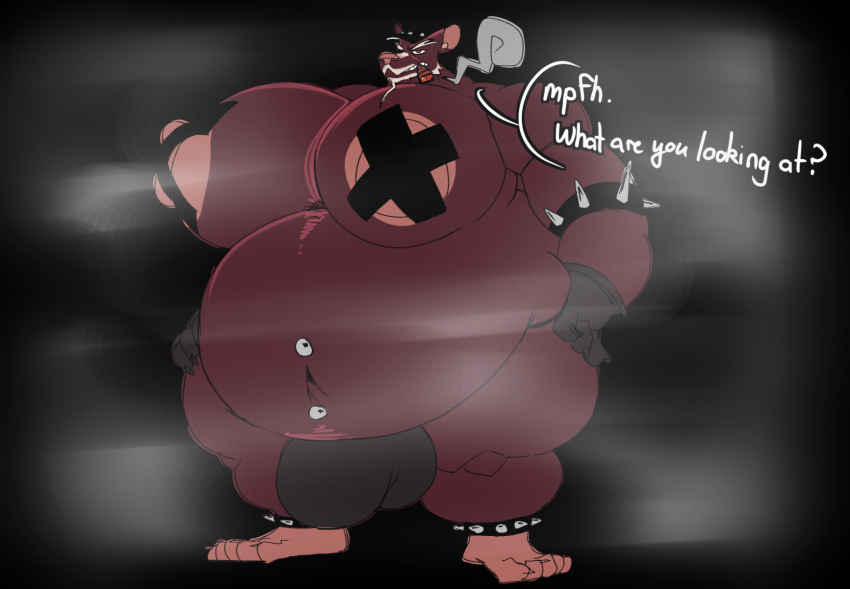 anthro armband belly big_belly big_breasts breasts brown_rat cigar cigar_in_mouth clothing english_text feet fur gloves handwear harness hat headgear headwear hi_res huge_belly huge_breasts kink_gear male mammal master_splinter murid murine nipple_tape nipples object_in_mouth overweight overweight_anthro overweight_male pasties piercing ramsacked rat rodent simple_background smoke smoking solo spiked_armband spikes tape teenage_mutant_ninja_turtles text