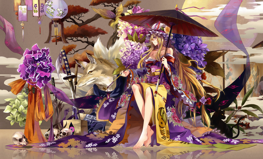 alternate_costume bare_shoulders barefoot blonde_hair breasts cat chen chen_(cat) cleavage feet floral_print flower fox gap hat hat_ribbon highres holding hydrangea katana large_breasts long_hair neko_(yanshoujie) off_shoulder oriental_umbrella purple_eyes ribbon sitting skull solo sword touhou tree umbrella weapon yakumo_ran yakumo_ran_(fox) yakumo_yukari