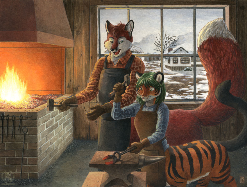 anvil blacksmith canine chakat chakat_blacktail feline female ferrier fireplace fox foxtaur group hammer indoor instruments kacey male mammal smith taur tiger tiger_stripes tongs training winter