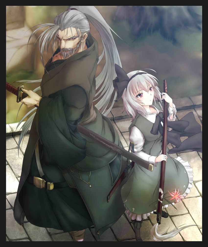 &gt;:) 1girl asymmetrical_bangs bad_id bad_pixiv_id bangs beard belt boots collarbone facial_hair flower grass hair_ribbon hairband highres hiichisato japanese_clothes kataginu katana konpaku_youki konpaku_youmu long_hair looking_at_viewer old_man ponytail red_eyes ribbon sheath sheathed short_hair silver_hair skirt skirt_set smile sword touhou tree v-shaped_eyebrows vest weapon wide_sleeves windowboxed