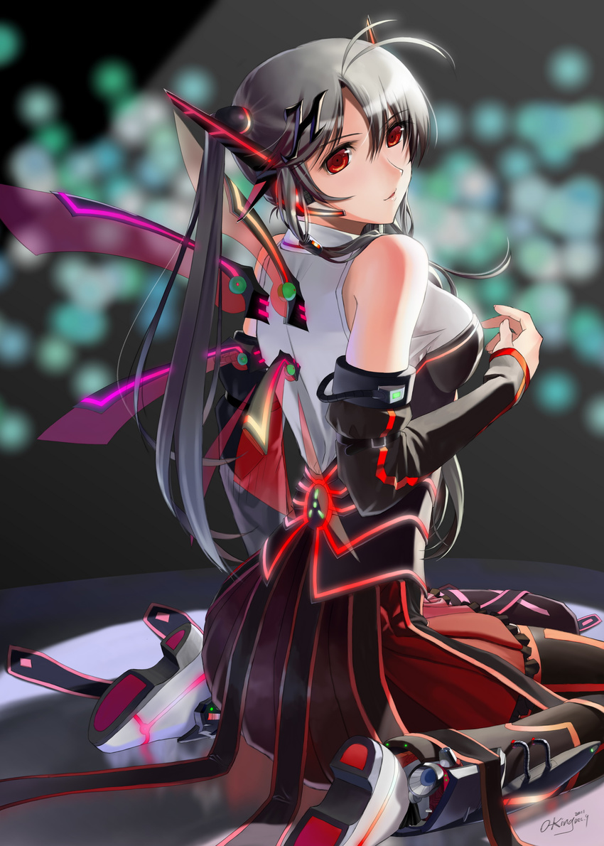 absurdres antenna_hair bare_shoulders black_hair breasts detached_sleeves highres light_smile long_hair looking_back mecha_musume medium_breasts neon_trim okingjo original red_eyes signature sitting skirt solo twintails wariza wings