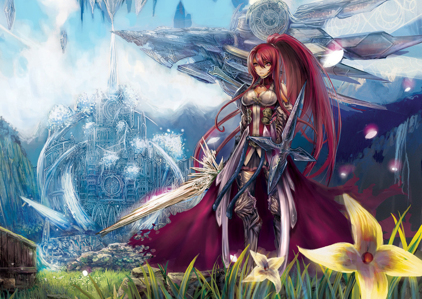 aircraft airship armor bad_id bad_pixiv_id breasts cleavage flower long_hair medium_breasts original ponytail red_eyes red_hair sword teddy_(khanshin) very_long_hair weapon