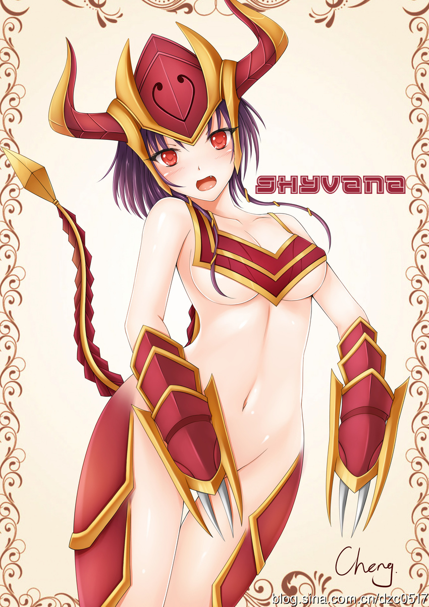 absurdres armor bare_shoulders blush breasts brown_background character_name cheng claw_(weapon) cleavage convenient_arm fang groin helmet highres large_breasts league_of_legends navel no_bra no_panties open_mouth purple_hair red_eyes shyvana signature solo tail thigh_gap underboob weapon