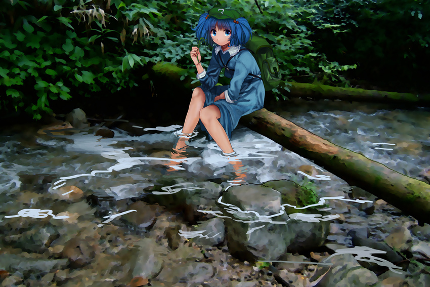 backpack bag blue_eyes blue_hair forest hair_bobbles hair_ornament hat kawashiro_nitori looking_at_viewer nature river rock shirt sitting skirt skirt_set sleeves_pushed_up soaking_feet solo touhou tree two_side_up water wtuw
