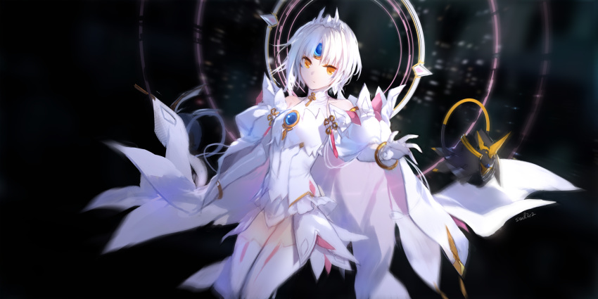 1girl artist_name bangle bangs bare_shoulders black_background blurry bracelet breasts closed_mouth code:_esencia_(elsword) drone elbow_gloves elsword eve_(elsword) expressionless facial_mark forehead_jewel gloves head_tilt highres jewelry long_hair looking_at_viewer moby_(elsword) negative_space orange_eyes outstretched_hand parted_bangs remy_(elsword) shirt shoulder_armor showgirl_skirt simple_background skirt sleeveless sleeveless_shirt small_breasts solo swd3e2 thighhighs tiara turtleneck white_gloves white_hair white_legwear white_shirt white_skirt zettai_ryouiki