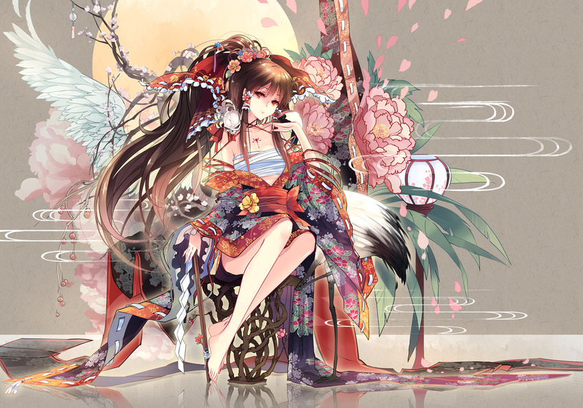 alternate_costume angel_wings barefoot bird bow breasts brown_hair cherry_blossoms crane_(animal) floral_print flower full_moon gohei hair_bow hair_flower hair_ornament hair_tubes hakurei_reimu japanese_clothes kieta kimono long_hair long_legs medium_breasts moon obi open_clothes open_kimono peony_(flower) ponytail red_eyes reflection ribbon sarashi sash sidelocks sitting skull solo tattoo touhou wings