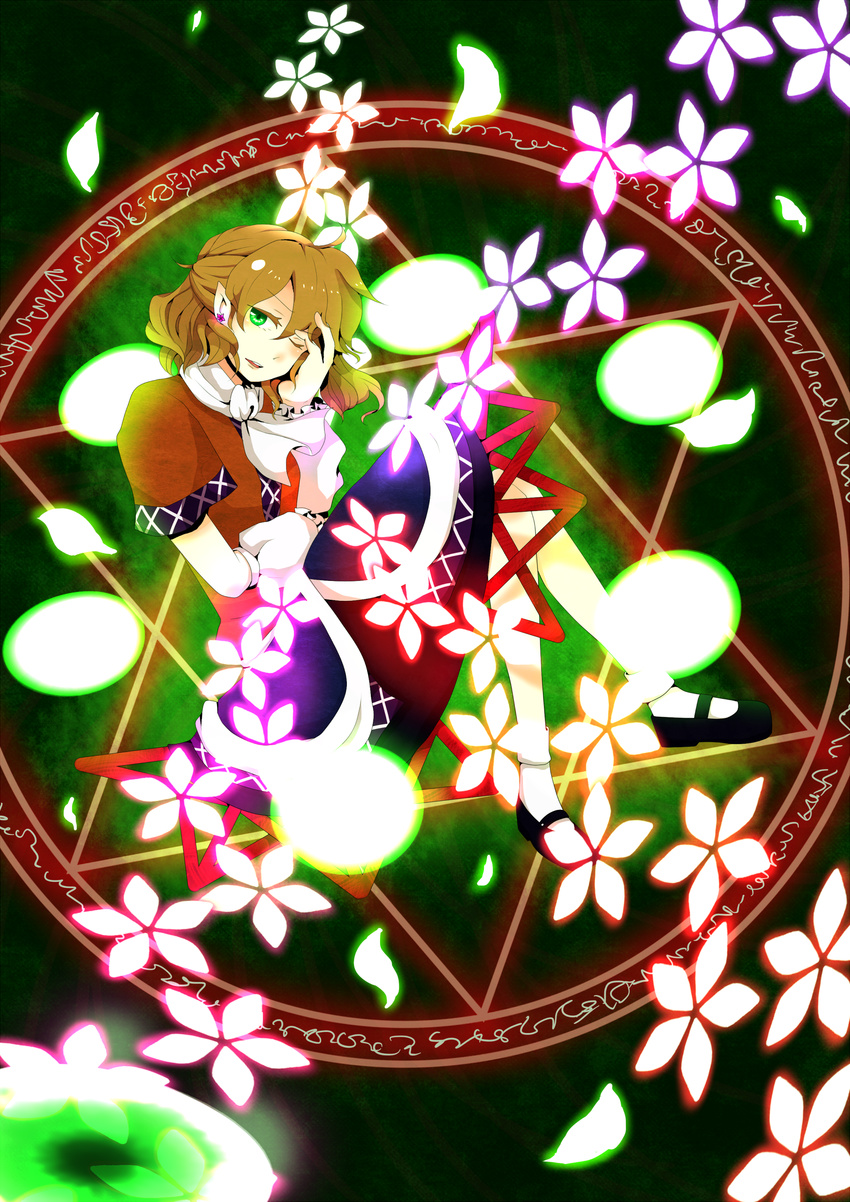 absurdres arm_warmers blonde_hair danmaku earrings flower green_eyes hand_in_hair highres jewelry looking_at_viewer mary_janes mizuhashi_parsee nagihara_rion one_eye_closed open_mouth pointy_ears scarf shoes short_hair skirt socks solo touhou