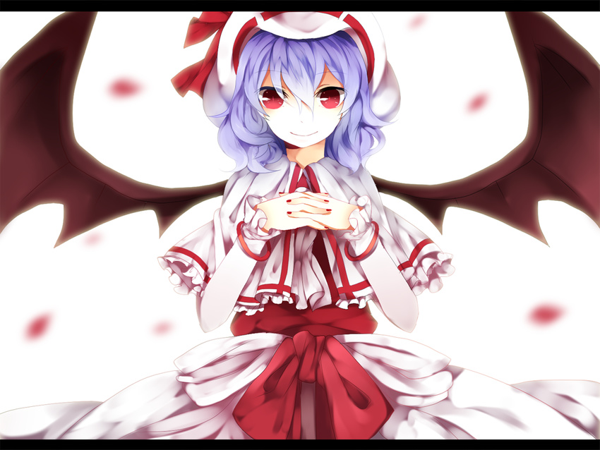 ascot bad_id bad_pixiv_id bat_wings bow capelet curiosities_of_lotus_asia hat hat_ribbon long_hair long_sleeves looking_at_viewer purple_hair red_eyes remilia_scarlet ribbon shouen_kigashi simple_background smile solo touhou wings