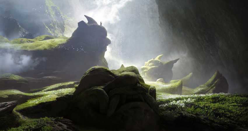 1boy absurdres cave_interior chinese_commentary commentary english_commentary flock flower fog from_side grass highres hill landscape moss original painterly scenery sculpture standing sunlight white_flower zhongjusun