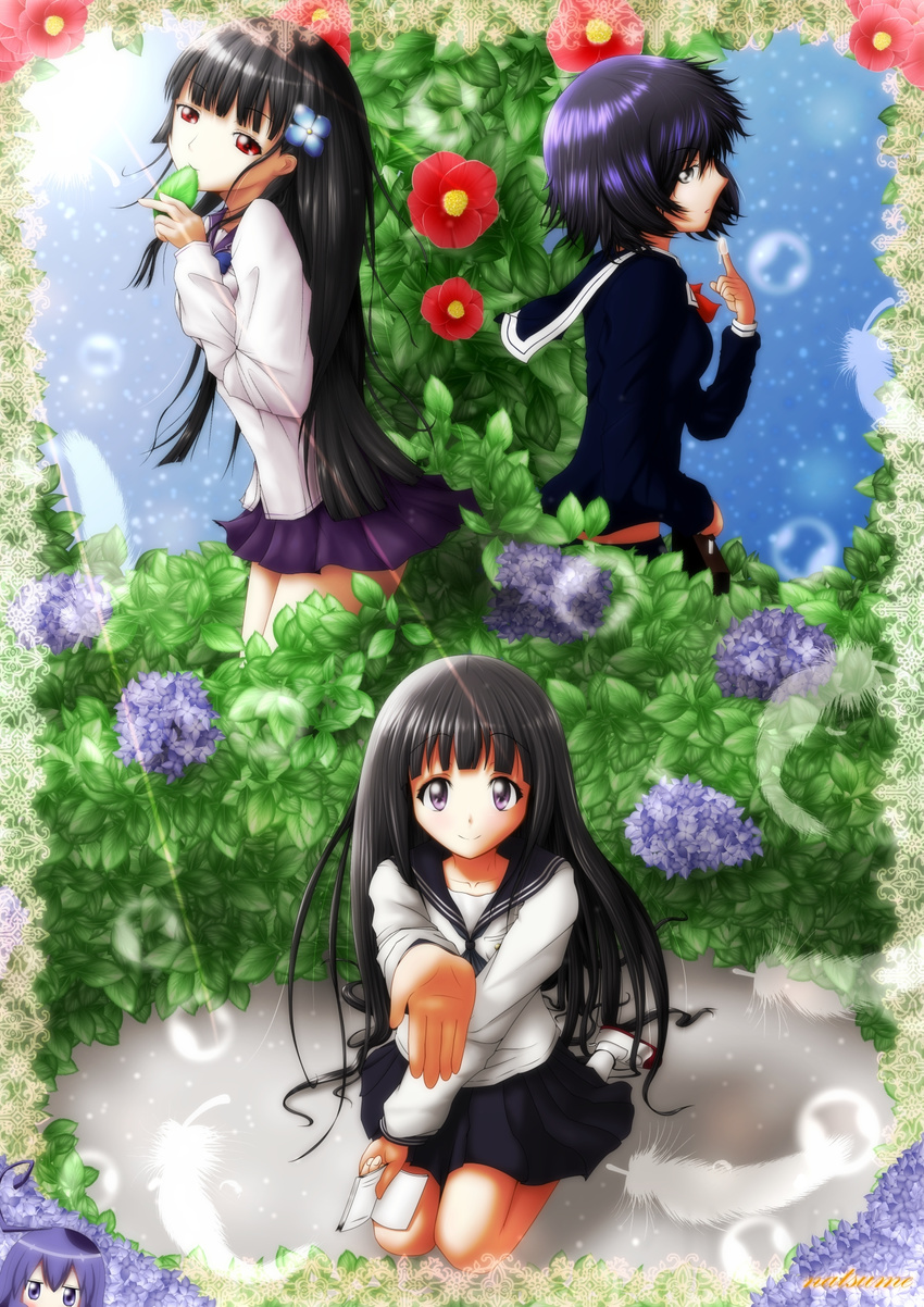 acchi_kocchi black_hair camellia chitanda_eru color_connection crossover flower hair_color_connection highres hydrangea hyouka long_hair miniwa_tsumiki multiple_crossover multiple_girls nazo_no_kanojo_x pleated_skirt purple_eyes saliva sanka_rea sankarea school_uniform season_connection short_hair skirt smile urabe_mikoto