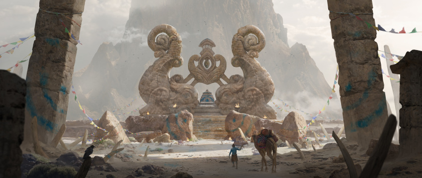 1boy absurdres animal blue_skin bone boulder brazier camel chinese_commentary cloud cloudy_sky colored_skin day fire flag from_behind grey_sky highres landscape mountain original outdoors painterly pillar rock scenery sculpture shrine sky stairs sunlight tribal walking wind zhongjusun