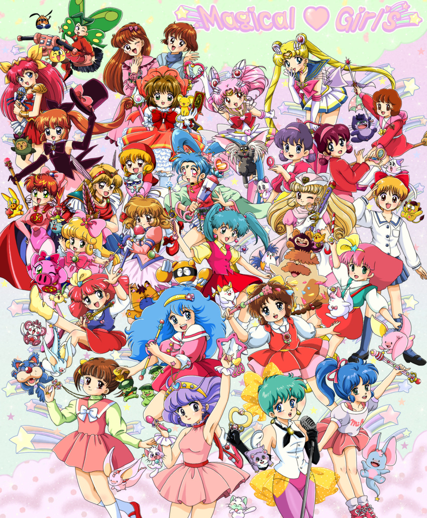 ;d absurdres ahoge akazukin_chacha angel_peach annotated aqua_hair arm_up back_bow bishoujo_senshi_sailor_moon black_gloves blonde_hair blue_eyes blue_hair blue_sailor_collar boots bow broom broom_riding brown_eyes brown_hair buurin_(tonde_buurin) cape cardcaptor_sakura chacha_(akazukin_chacha) chamo_(minky_momo) character_request chibi_usa corrector_yui creamy_mami creature crescent crescent_earrings crossover crystal_carillon double_bun dual_persona earrings elbow_gloves fancy_lala freckles frills fuuin_no_tsue gera_gera_(persia) gloves green_eyes green_hair hair_bow hair_intakes hair_ornament hairband hairpin hana_no_mahoutsukai_mary_bell hanasaki_momoko hanazono_yumi hand_on_hip haneoka_meimi harbor_light_story hat heart highres hime-chan_no_ribbon himitsu_no_akko-chan holding holding_wand hood i.r._(corrector_yui) iggy_pig_(tonde_buurin) jama-p_(wedding_peach) jewelry kabu_(mahou_tsukai_sally) kagami_atsuko kaitou_saint_tail kakimaru_(pastel_yumi) kaleidomoon_scope kasuga_yui kawai_sasami kazuki_mai kero keshimaru_(pastel_yumi) kinomoto_sakura kokubu_karin kukku_bukku_(minky_momo) leaning_forward leotard long_hair magical_emi magical_girl magical_princess mahou_no_angel_sweet_mint mahou_no_idol_pastel_yumi mahou_no_princess_minky_momo mahou_no_star_magical_emi mahou_no_tenshi_creamy_mami mahou_no_yousei_persia mahou_shoujo_pretty_sammy mahou_tsukai_sally mary_bell mary_janes masaki_sasami_jurai matsunaga_mikage matsunaga_tomomi meso_meso_(persia) microphone miho_(habor_light_story) mikiky minky_momo mint_(sweet_mint) miracle_girls mocha_(minky_momo) mogu_(fancy_lala) mogu_(harbor_light_story) morisawa_yuu moriya_ririka multiple_crossover multiple_girls necklace nega_(creamy_mami) nonohara_himeko nurse_angel nurse_angel_ririka_sos one_eye_closed open_mouth pantyhose pauldrons persia_(mahou_no_yousei_persia) pig pigu_(fancy_lala) pigu_(harbor_light_story) pink_bow pink_eyes pink_hair pink_hat pink_leotard pink_sailor_collar pink_shirt pink_skirt pink_vest pipiru_(minky_momo) pokota_(hime-chan_no_ribbon) ponytail posi_(creamy_mami) pretty_sammy_(character) puri_puri_(persia) purple_hair purple_legwear red_bow red_hair red_skirt ribbon riiya_(akazukin_chacha) ruby_(kaitou_saint_tail) rupipi_(minky_momo) ryouko_(tenchi_muyou!) sailor_chibi_moon sailor_collar sailor_moon sailor_senshi sailor_senshi_uniform saint_tail shindobukku_(minky_momo) shinohara_miho shirt shoes short_hair short_twintails siblings simba_(persia) sisters skirt sleeves_rolled_up smile socks star star_earrings super_sailor_chibi_moon super_sailor_moon tambourine_(mary_bell) tenchi_muyou! tiara timon_(yadamon) tonde_buurin top_hat topo_(magical_emi) tsukino_usagi twins twintails very_short_hair vest waffle_(sweet_mint) wand wedding_peach white_gloves yadamon yadamon_(character) yellow_bow yumeno_sally