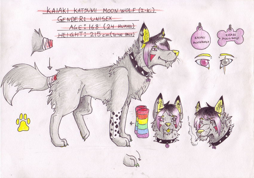 all_four band-aid band_aid blood bone canine character_ref collar dog eyes face_paint fur grey grey_fur headshot kaiaki_moonwolf kaiaki_moonwolf(i-ki) mammal model_sheet pawprint paws raibow rainbow simple_background sleeves smoke tag tsukinoookami