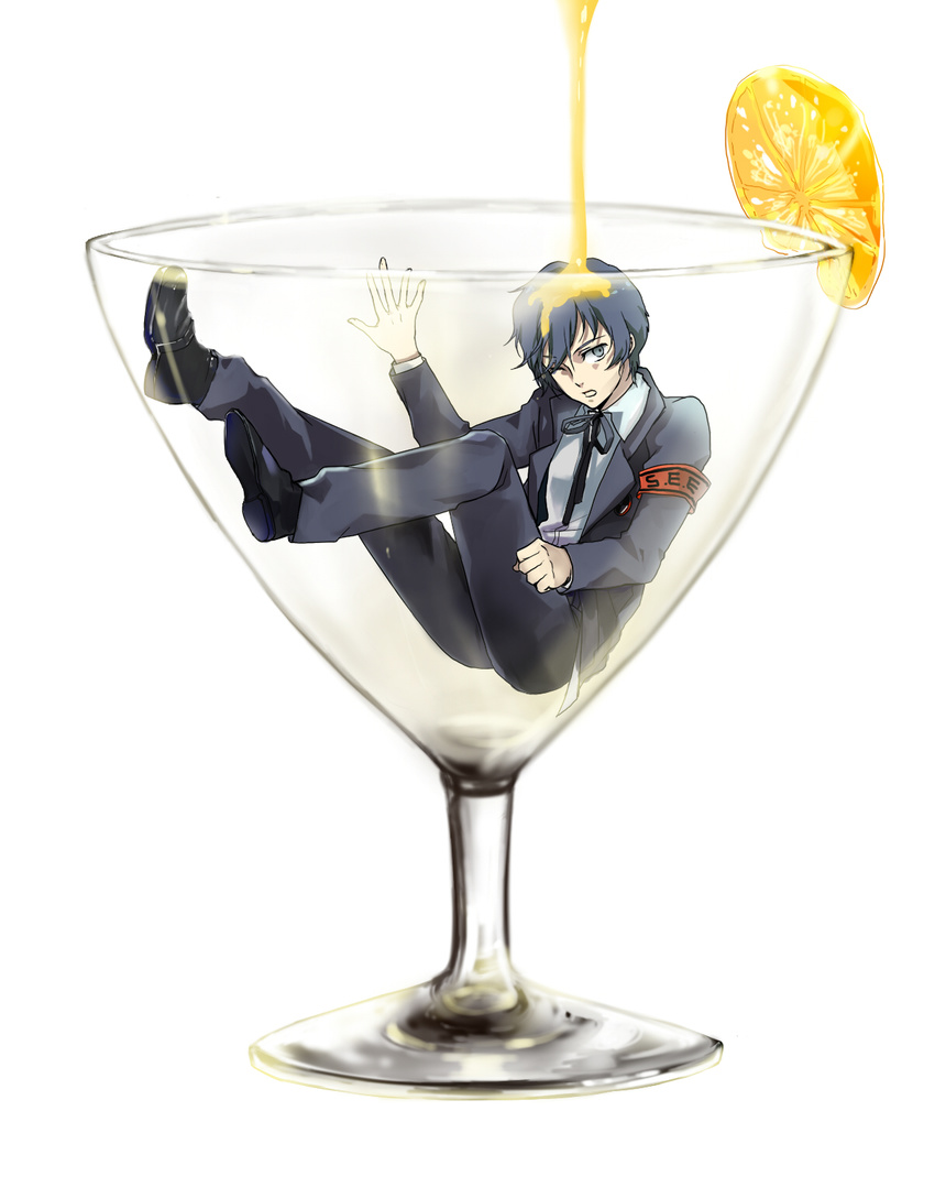 armband bad_id bad_pixiv_id blue_eyes blue_hair cocktail_glass cup drinking_glass food fruit highres male_focus orange orange_juice persona persona_3 school_uniform seojung solo wince yuuki_makoto