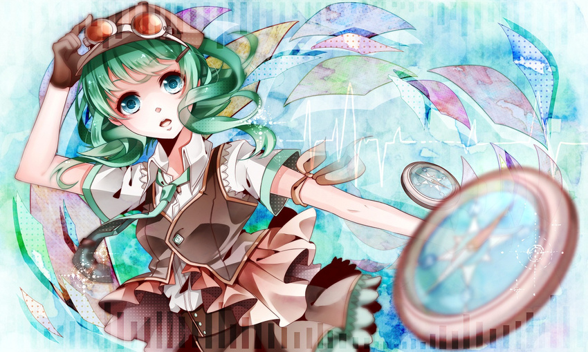 blue_eyes compass gloves goggles goggles_on_headwear green_hair gumi hat necktie nou solo vocaloid