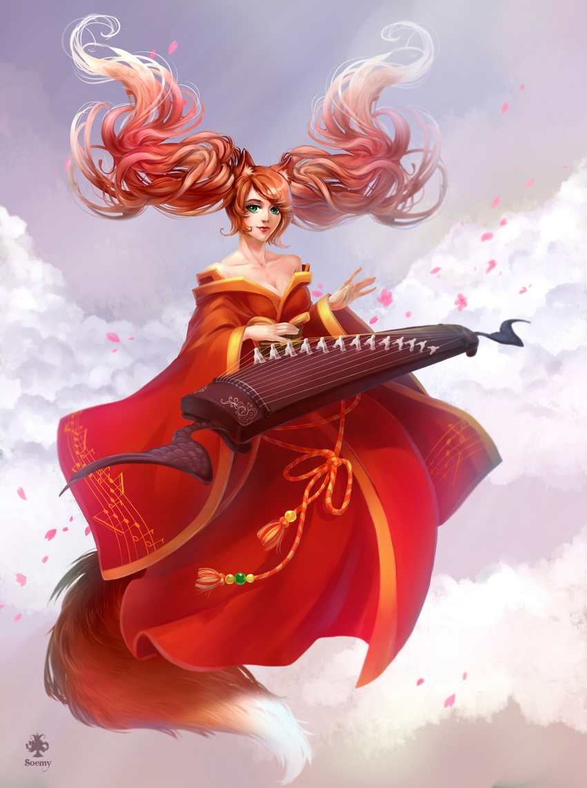 animal_ears bare_shoulders breasts cherry_blossoms cleavage floating_hair fox_ears fox_tail green_eyes highres instrument koto_(instrument) league_of_legends long_hair medium_breasts petals red_hair soemy solo sona_buvelle tail twintails very_long_hair
