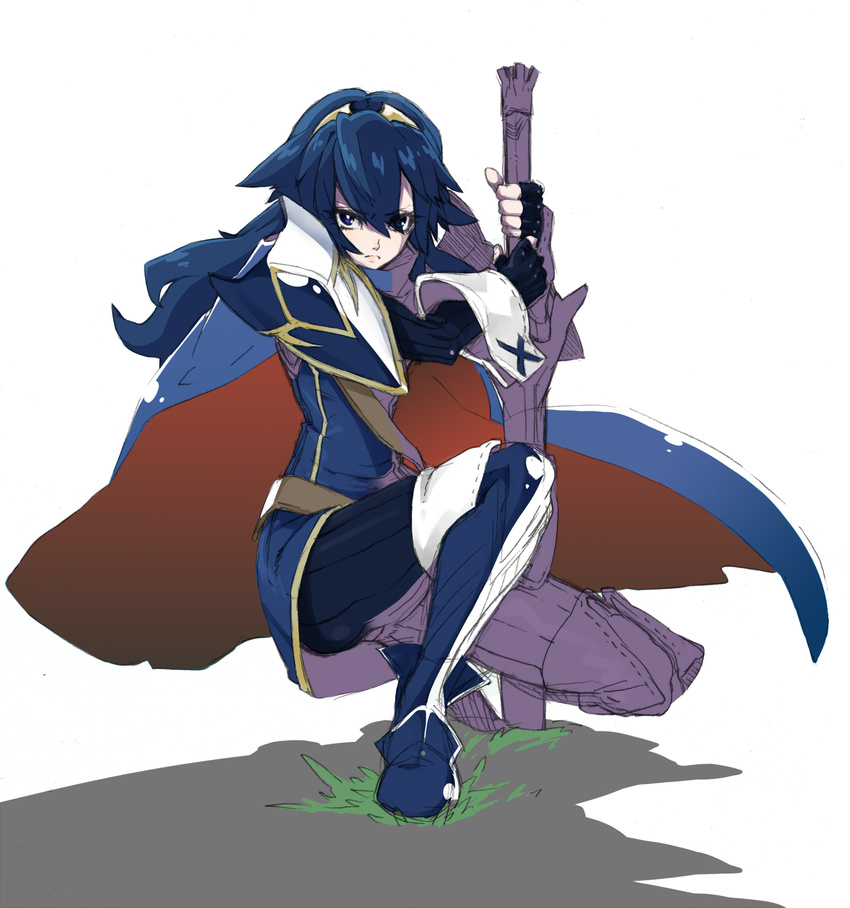 armor bad_id bad_pixiv_id blue_armor blue_eyes blue_hair cape dark_blue_hair falchion_(fire_emblem) fire_emblem fire_emblem:_kakusei hairband highres long_hair lucina planted_sword planted_weapon shouko829 solo sword weapon