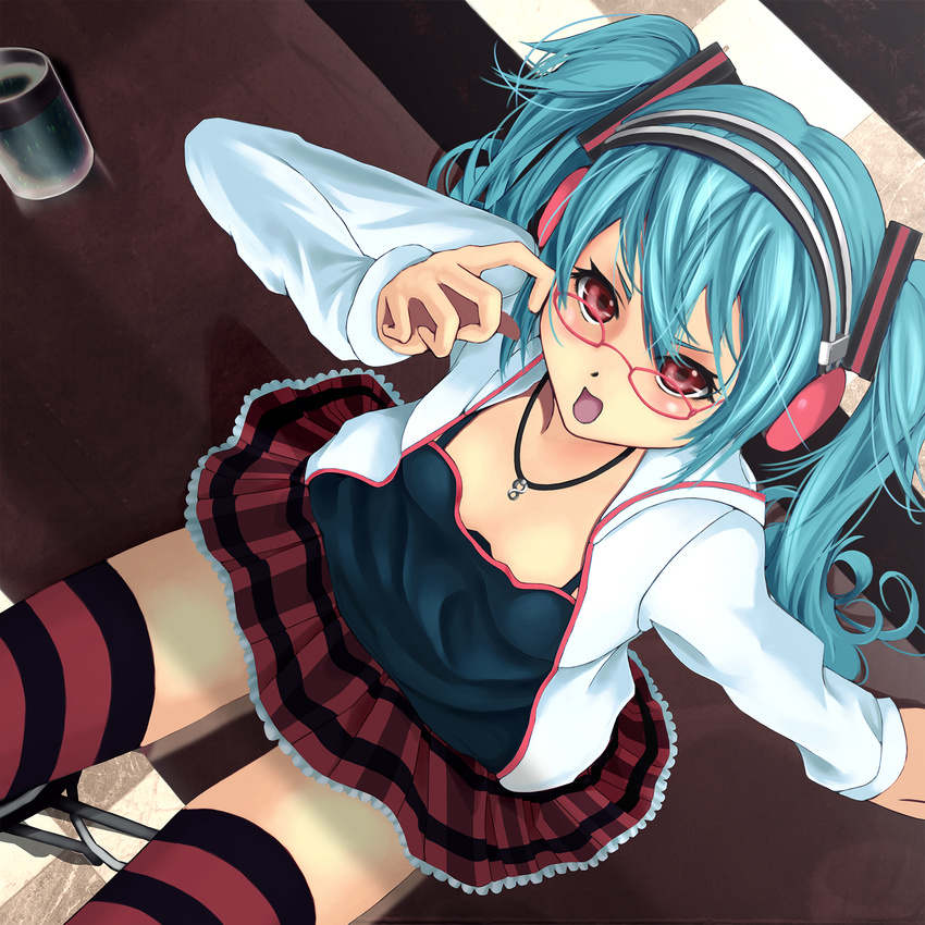 aqua_hair coppelia_(futamine) from_above glasses hatsune_miku headphones highres jewelry kocchi_muite_baby_(vocaloid) long_hair natural_(module) necklace open_mouth project_diva_(series) project_diva_2nd red_eyes sitting skirt solo striped striped_legwear thighhighs twintails vocaloid