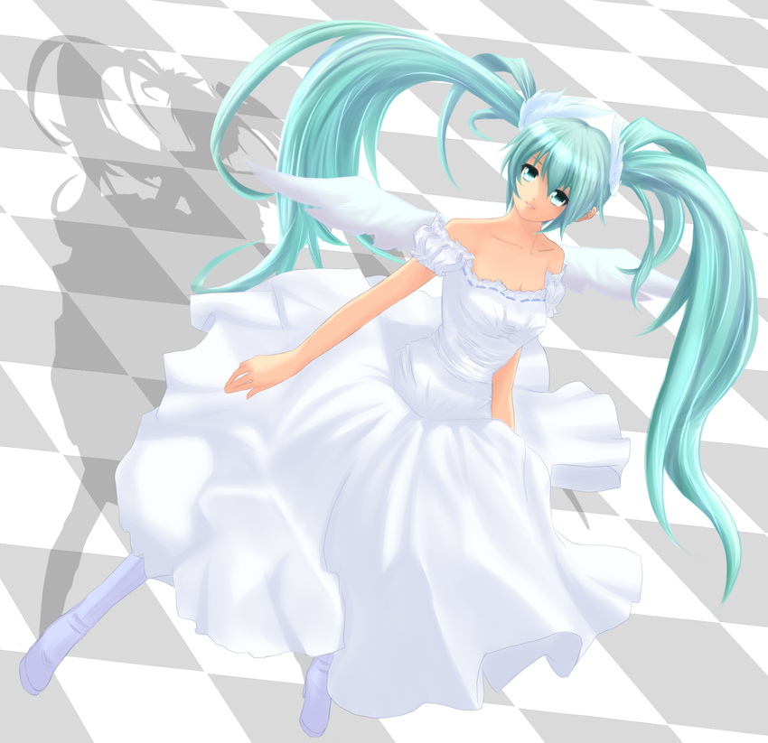 aqua_eyes aqua_hair bare_shoulders checkered checkered_floor dress dutch_angle floating_hair hatsune_miku highres long_hair solo terun twintails very_long_hair vocaloid wings