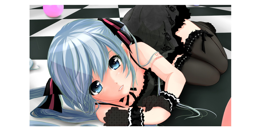 blue_eyes blue_hair checkered checkered_floor gloves hair_ribbon hatsune_miku highres looking_at_viewer lying ribbon solo terun thighhighs vocaloid