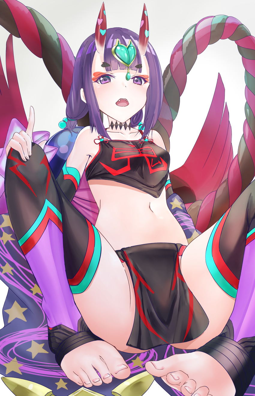 absurdres barefoot black_sleeves choker collarbone crop_top detached_sleeves eyebrows_visible_through_hair fangs fate/grand_order fate_(series) hair_ornament hand_on_own_knee highres horns index_finger_raised leggings looking_at_viewer makeup midriff navel open_mouth purple_hair short_hair shuten_douji_(fate/grand_order) shuten_douji_(halloween)_(fate) sitting solo stomach toratora_(nanahaba)