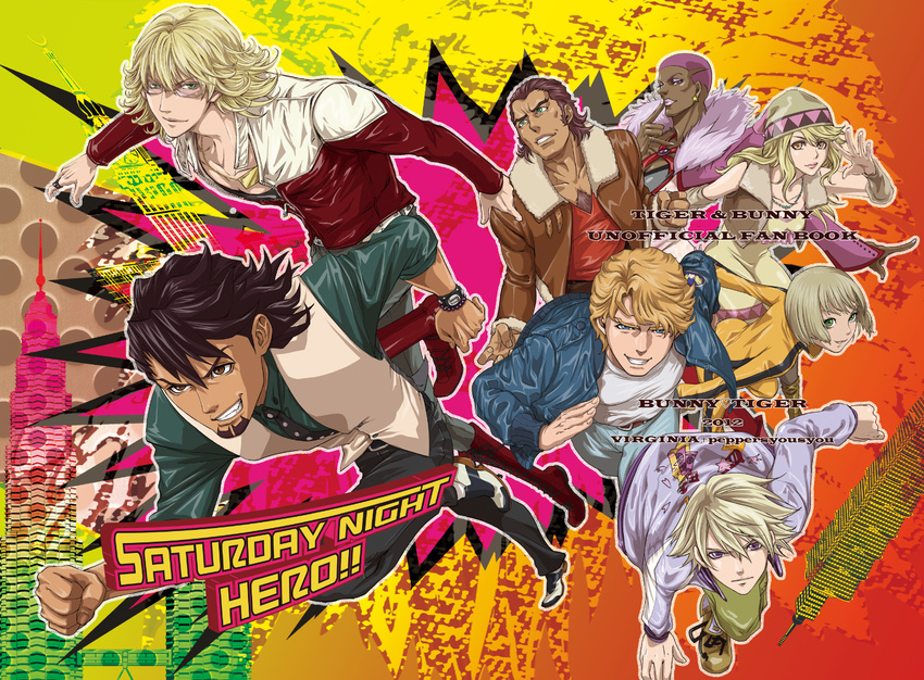 6+boys antonio_lopez bad_id bad_pixiv_id barnaby_brooks_jr beanie blonde_hair blue_eyes blue_jacket bomber_jacket brown_eyes brown_hair bruce_lee's_jumpsuit cabbie_hat dark_skin detached_sleeves dress facial_hair glasses green_eyes hat huang_baoling ivan_karelin jacket kaburagi_t_kotetsu karina_lyle keith_goodman letterman_jacket multiple_boys multiple_girls nathan_seymour necktie pink_eyes pink_hair purple_eyes purple_jacket red_jacket shihouakira short_hair stubble tiger_&amp;_bunny vest waistcoat