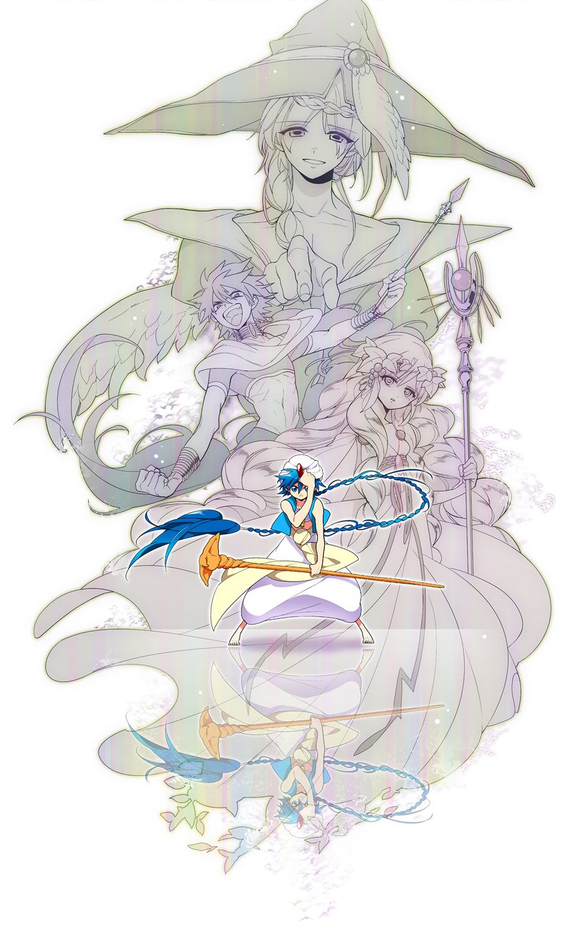 3boys aladdin_(magi) bad_id bad_pixiv_id baggy_pants barefoot blue_eyes blue_hair bracelet braid dalc_rose dress hair_over_shoulder hat highres jewelry judal long_hair magi_the_labyrinth_of_magic midriff multiple_boys pants reflection scheherazade_(magi) staff turban very_long_hair wings witch_hat yunan