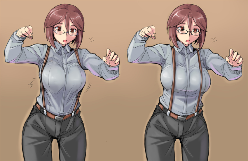 breasts brown_background brown_eyes brown_hair glasses inconvenient_breasts large_breasts looking_down older pants rozen_maiden short_hair solo souseiseki suspenders tsuda_nanafushi