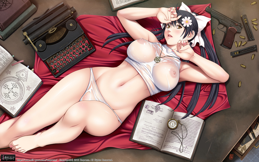 2012 black_hair book breasts bullet dated flower groin gun hair_flower hair_ornament handgun highres himeno_yuria jewelry large_breasts lewdness long_hair lying necklace nipples on_back open_book panties paperclip pentagram pocket_watch ponytail see-through sei_shoujo solo stechkin_aps typewriter underwear wallpaper watch watermark weapon web_address wet wet_clothes white_panties yellow_eyes