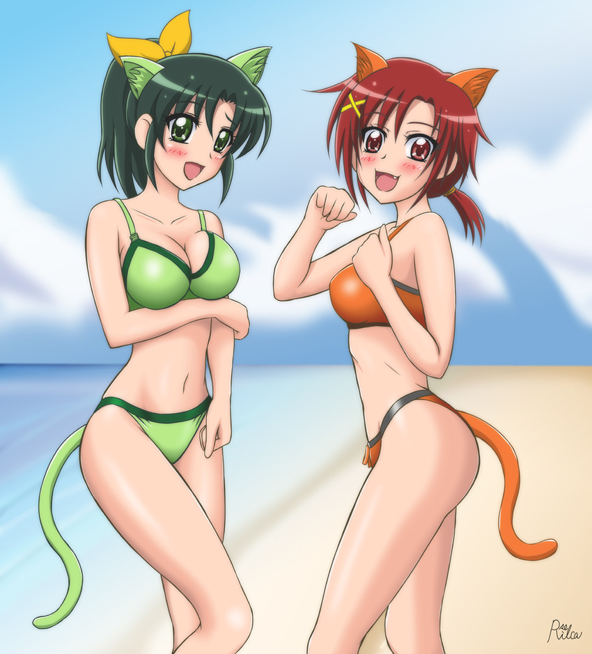 animal_ears beach bikini blush breasts cat_ears cleavage day fang green_eyes green_hair highres hino_akane_(smile_precure!) large_breasts midorikawa_nao multiple_girls navel open_mouth ouse_riruka ponytail precure red_eyes red_hair short_hair smile_precure! swimsuit tail