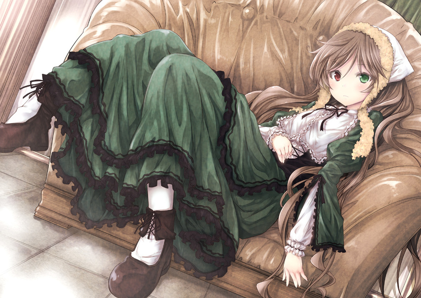 black_footwear brown_hair couch dress dutch_angle floor frills green_eyes hairband hand_on_own_stomach heterochromia long_hair looking_at_viewer red_eyes rozen_maiden shoes sitting solo suiseiseki tousen