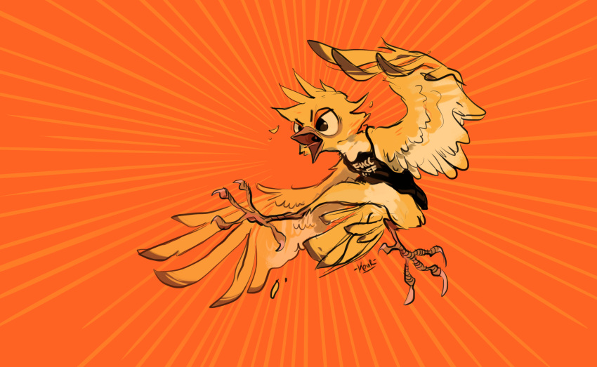 2016 ambiguous_gender angry avian beak bird claws clothing digital_media_(artwork) english_text feathers hi_res kour kour_(character) multicolored_feathers open_mouth orange_background scales semi-anthro simple_background solo tail_feathers text tongue tuft two_tone_feathers wings