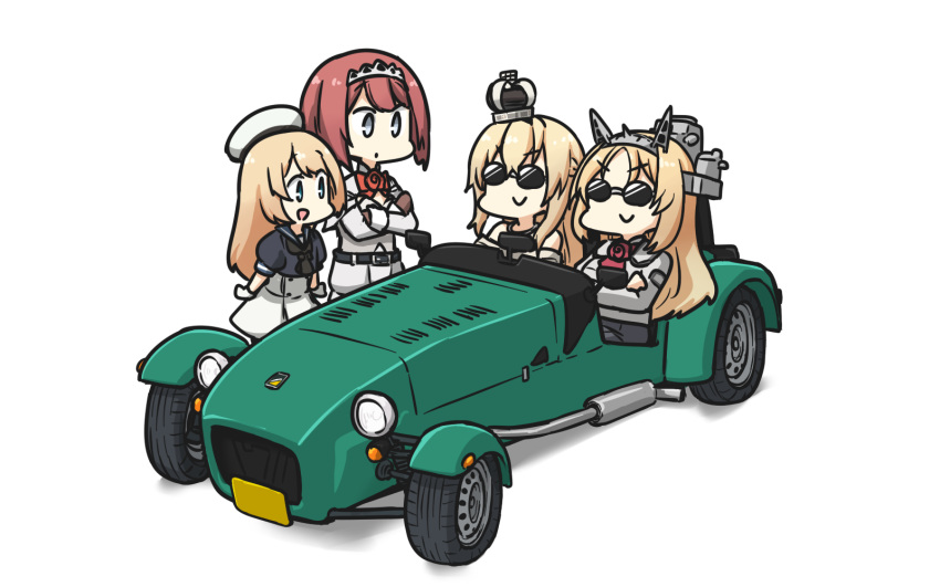 4girls ark_royal_(kantai_collection) bangs black_neckwear blonde_hair blue_eyes blue_sailor_collar blunt_bangs bob_cut braid car caterham caterham_7 cleavage_cutout commentary_request crossed_arms crown dress flower french_braid full_body gloves grey_eyes ground_vehicle hairband hamu_koutarou hat headgear highres jervis_(kantai_collection) kantai_collection long_hair long_sleeves military military_uniform mini_crown motor_vehicle multiple_girls neckerchief nelson_(kantai_collection) off-shoulder_dress off_shoulder red_flower red_hair red_ribbon red_rose ribbon riding rose sailor_collar sailor_dress sailor_hat short_hair short_sleeves simple_background sunglasses tiara uniform warspite_(kantai_collection) white_background white_dress white_gloves white_hat