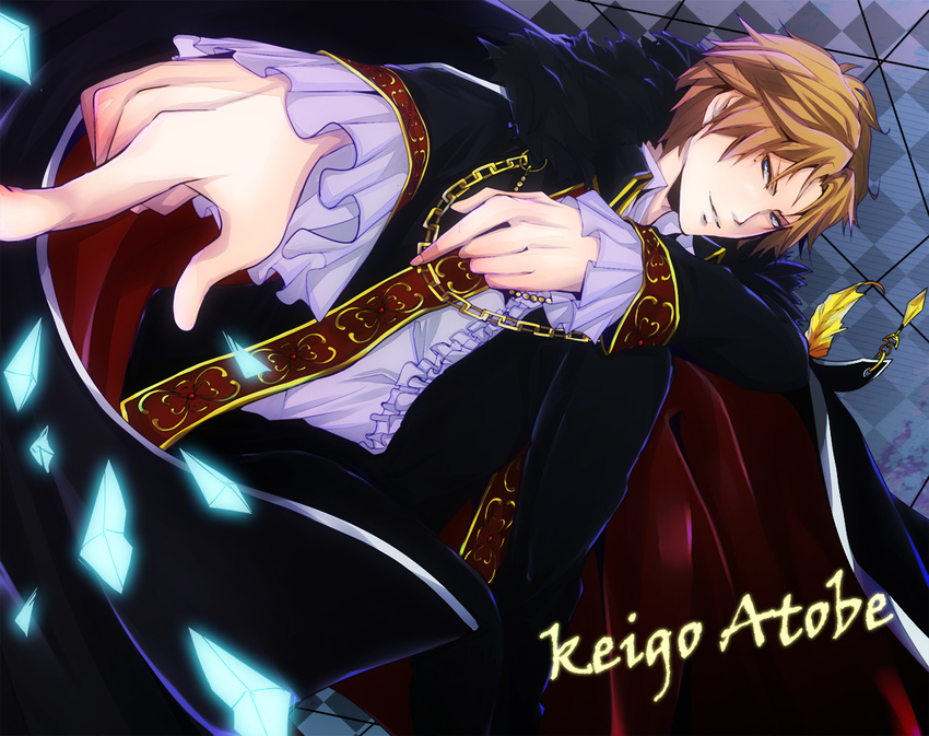 alternate_costume argyle argyle_background atobe_keigo blue_eyes brown_hair cape chain chocoreshon dutch_angle formal grey_background male_focus smile solo suit tennis_no_ouji-sama